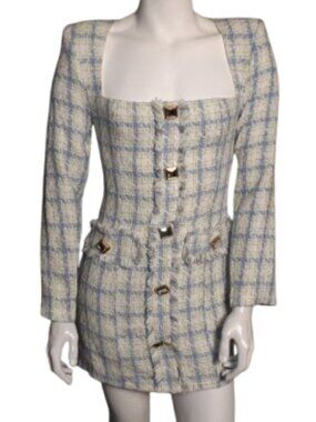 new DONNEE PAR DIEU Ultra Mini Dress, L, White/Blue plaid, Oversized buttons